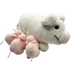 Vintage Dakin Plush White Pig with 3 Pink Piglet Babies Stuffed Animal 17” 1980s